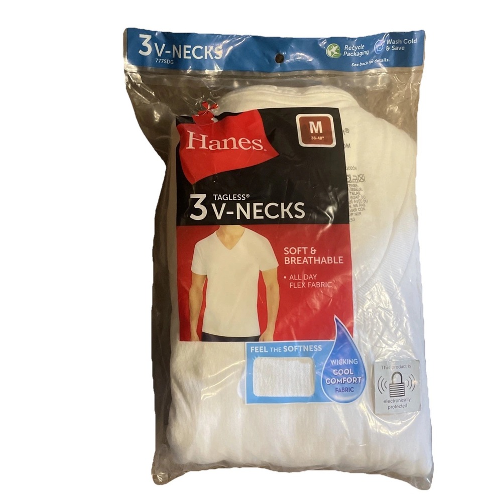 Mens Hanes 3-pack White‎ Tagless V-Necks T-shirts Undershirts Medium